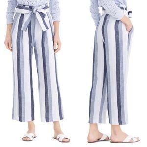 J.Crew Point Sur Paper Bag Pants Blue White Linen Striped Wide Leg Size 4